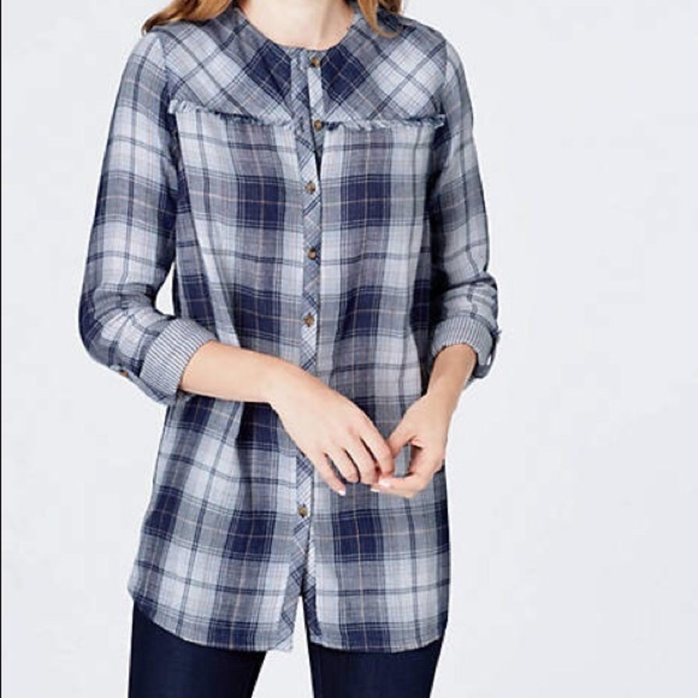 J. Jill Denim Cotton Plaid Fringe Gauze Shirt‎